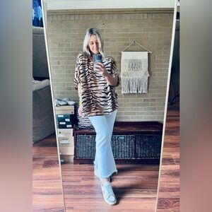 Adrienne Beige and Black Tiger-Print V-Neck Blouse